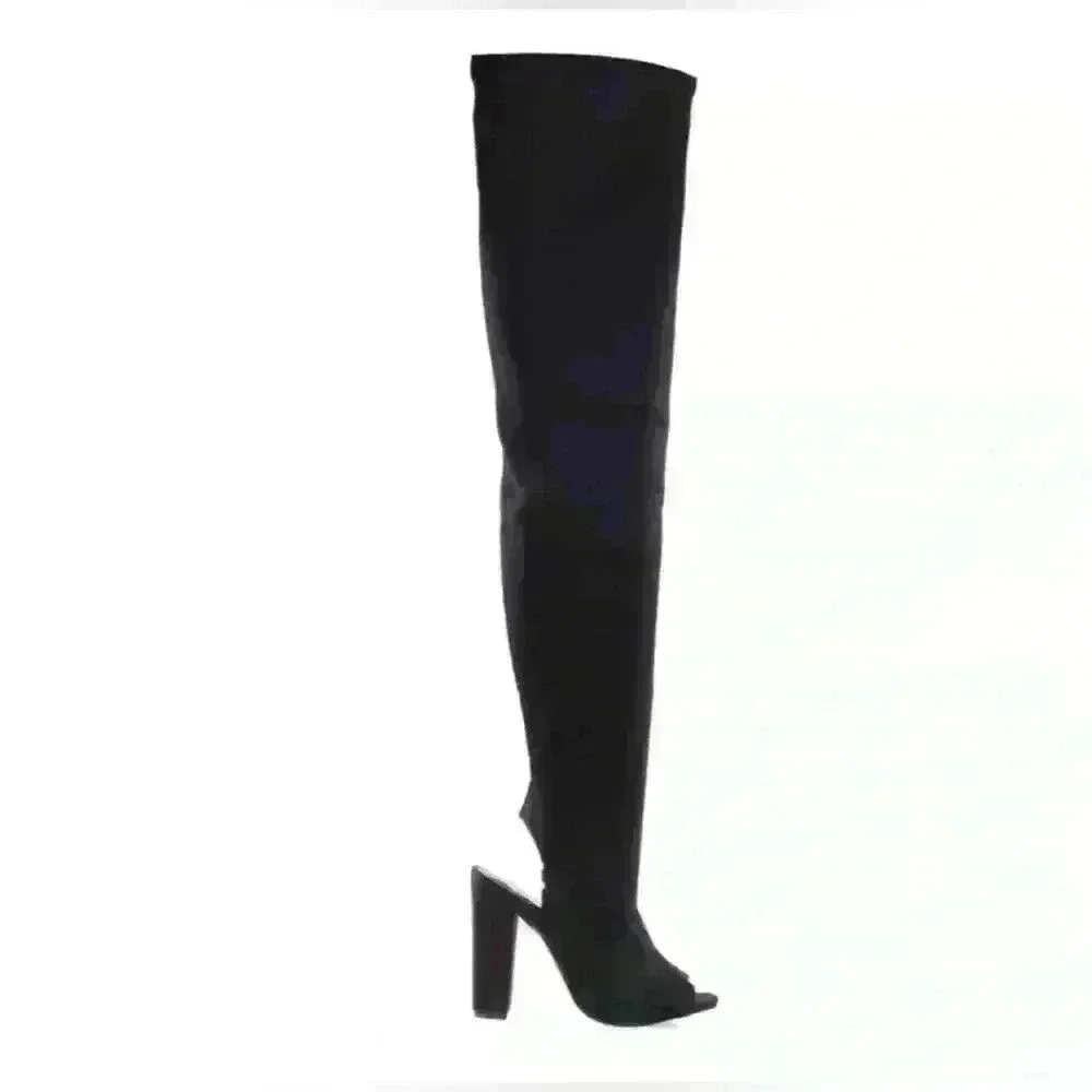 Size 5.5 NWT NIB Bamboo Black over the knee heel boot open toe